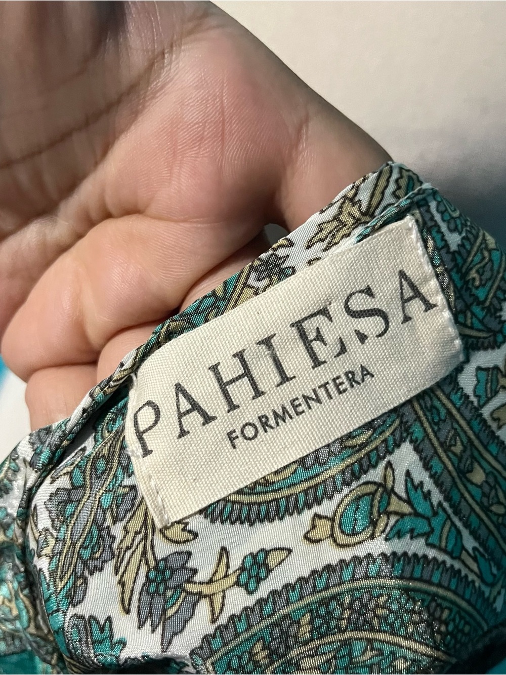 Pahiesa Formentera OS Green Print Long Sleeve Tie Back Handmade Silk Dress - Picture 8 of 8